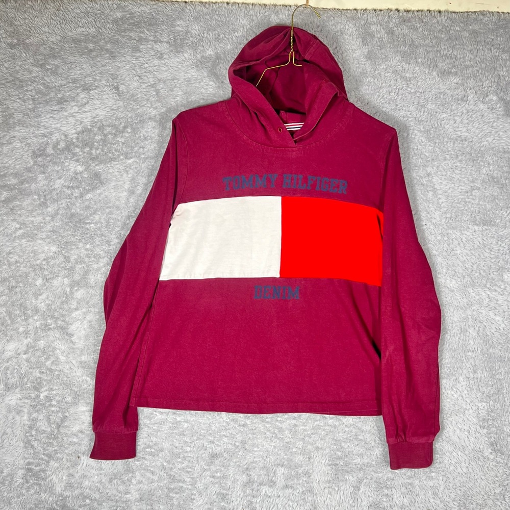 Tommy Hilfiger Denim Hoodie Burgundy Colorblock Flag‎ Logo Long Sleeve Shirt